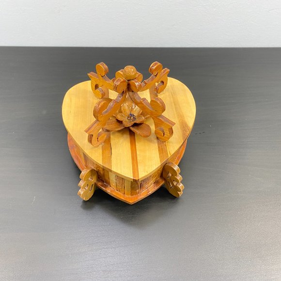 Vintage Jewelry Box, Heart Shaped, Red Velvet Lining, Storage Container, Brown K - Picture 2 of 10